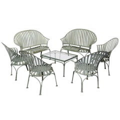 Francois Carre Art Deco Metal Fan Back Patio Set, Settee, Chairs, and Table 11