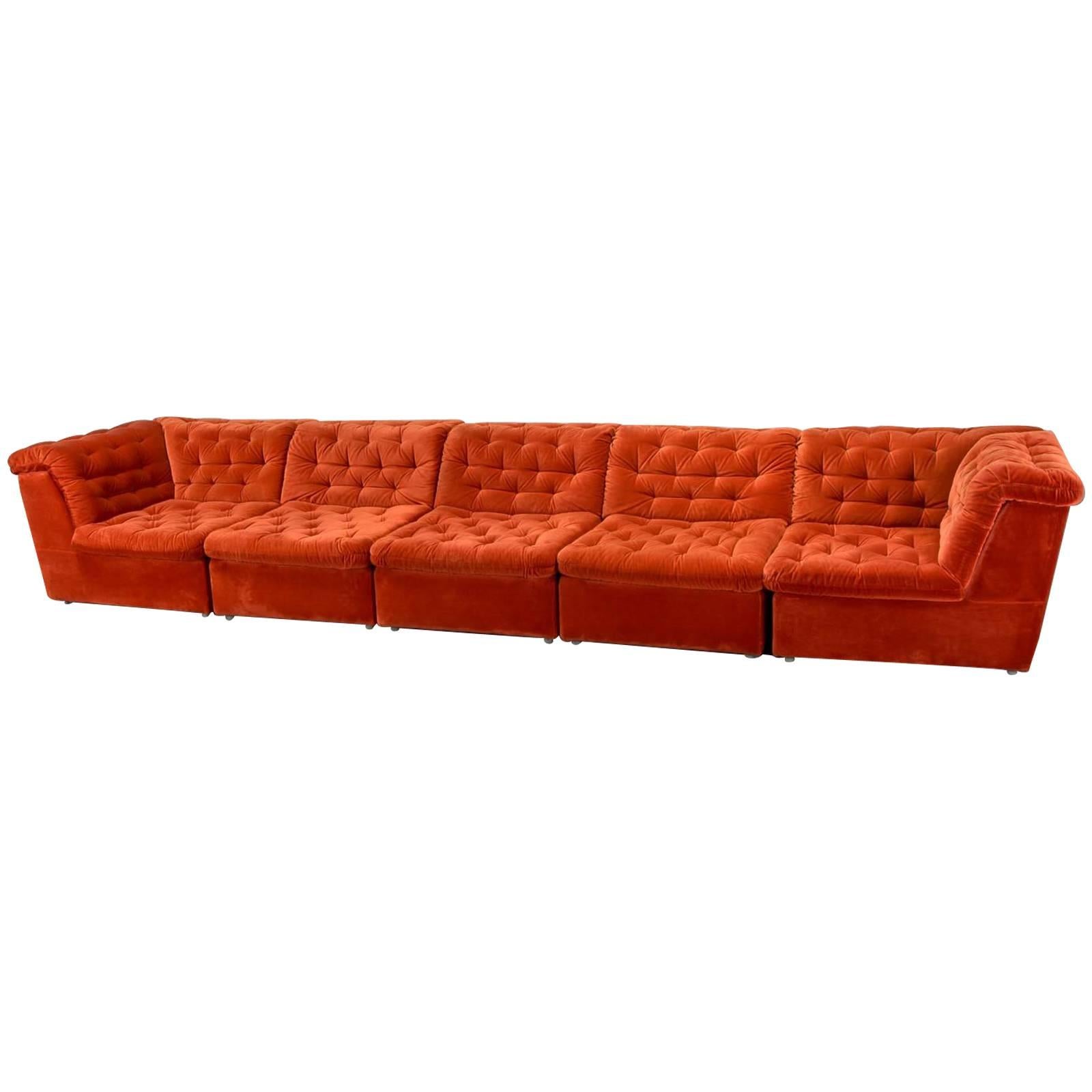 Mid-Century Bright Vermilion Red Velvet 1970s Modular Sofa by Laauser