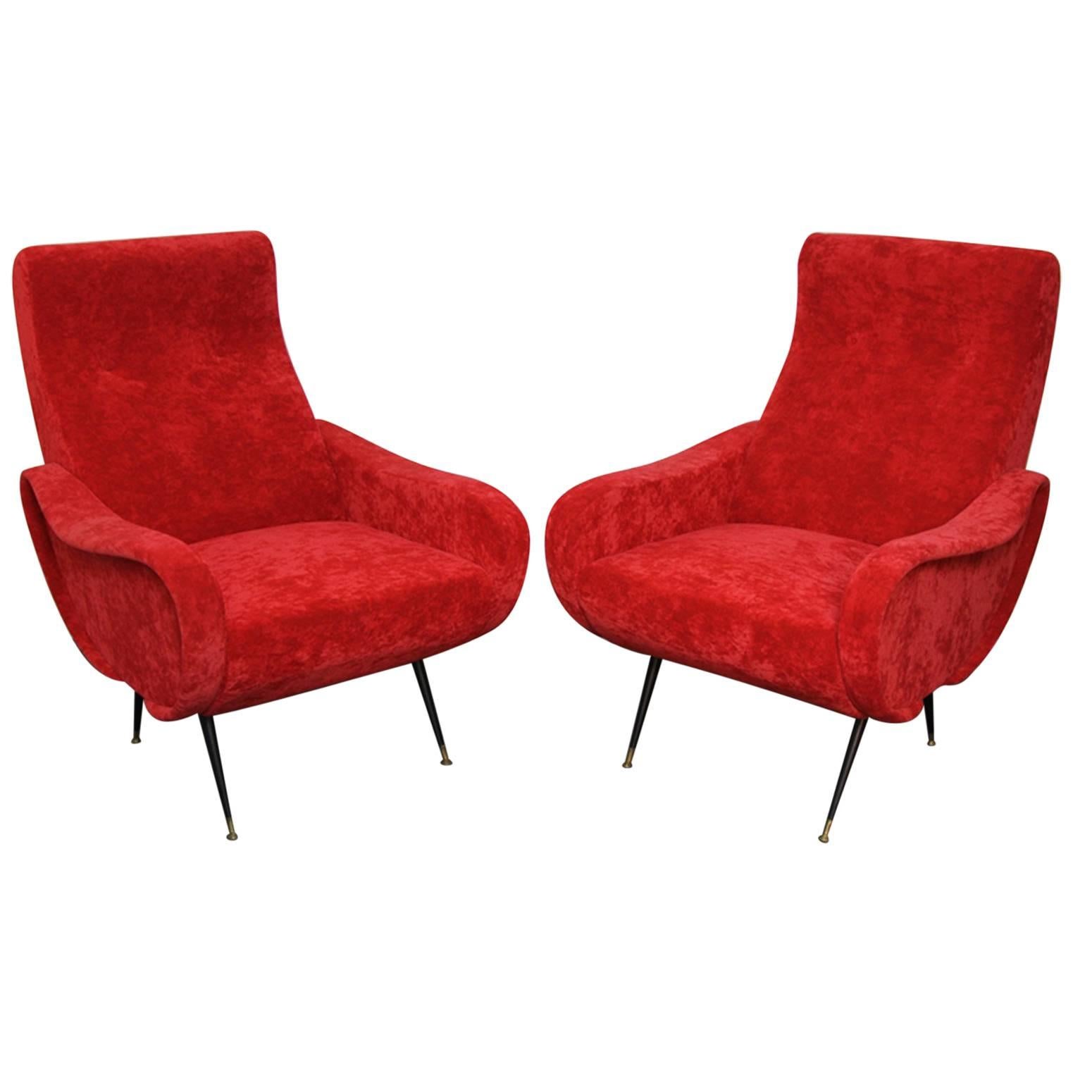 Pair of Italian Style Upholstered Club Chairs in Red Velvet