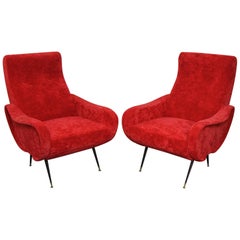 Pair of Italian Style Upholstered Club Chairs in Red Velvet