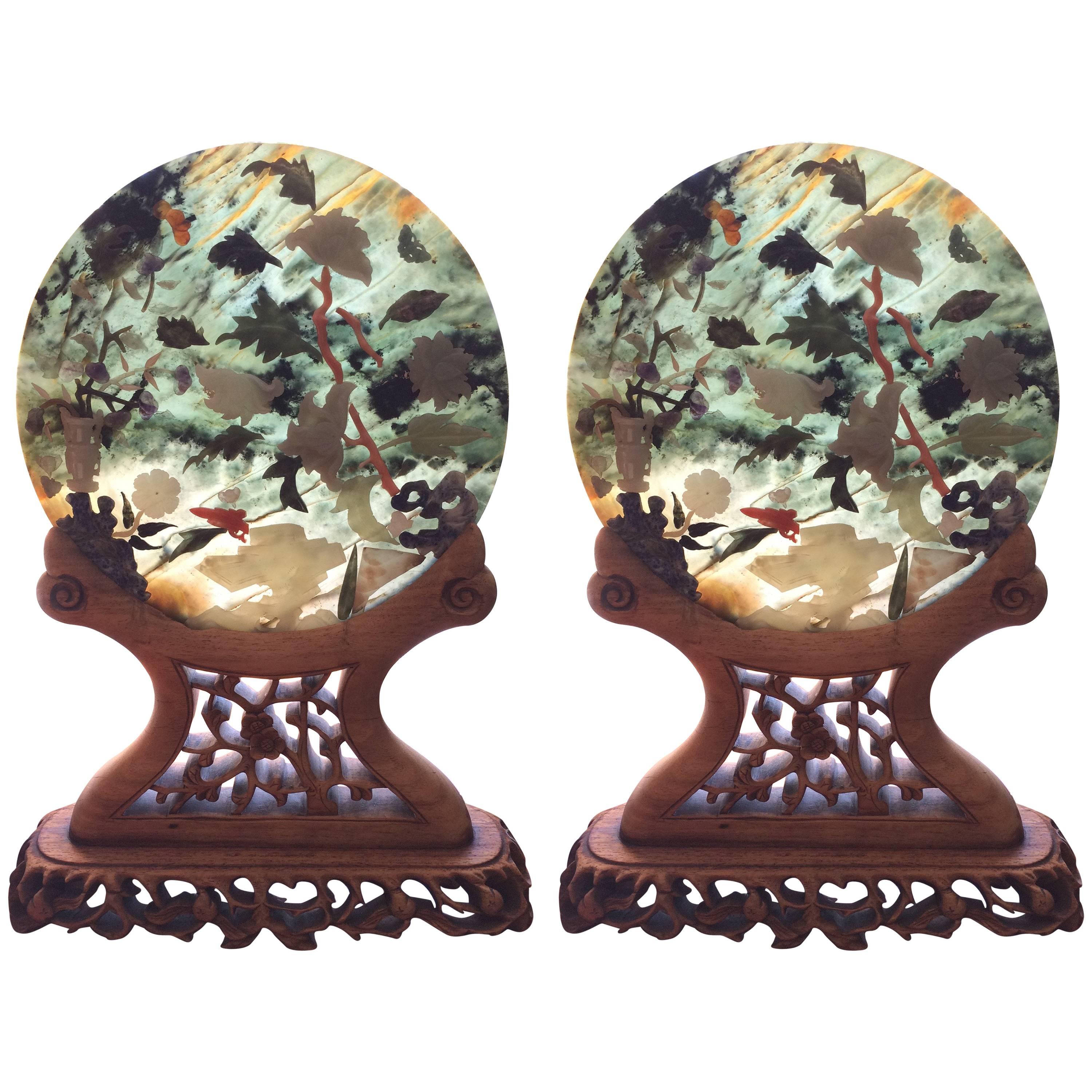 Sublime Pair of Asian Serpentine Discs on Custom Carved Wood Stands