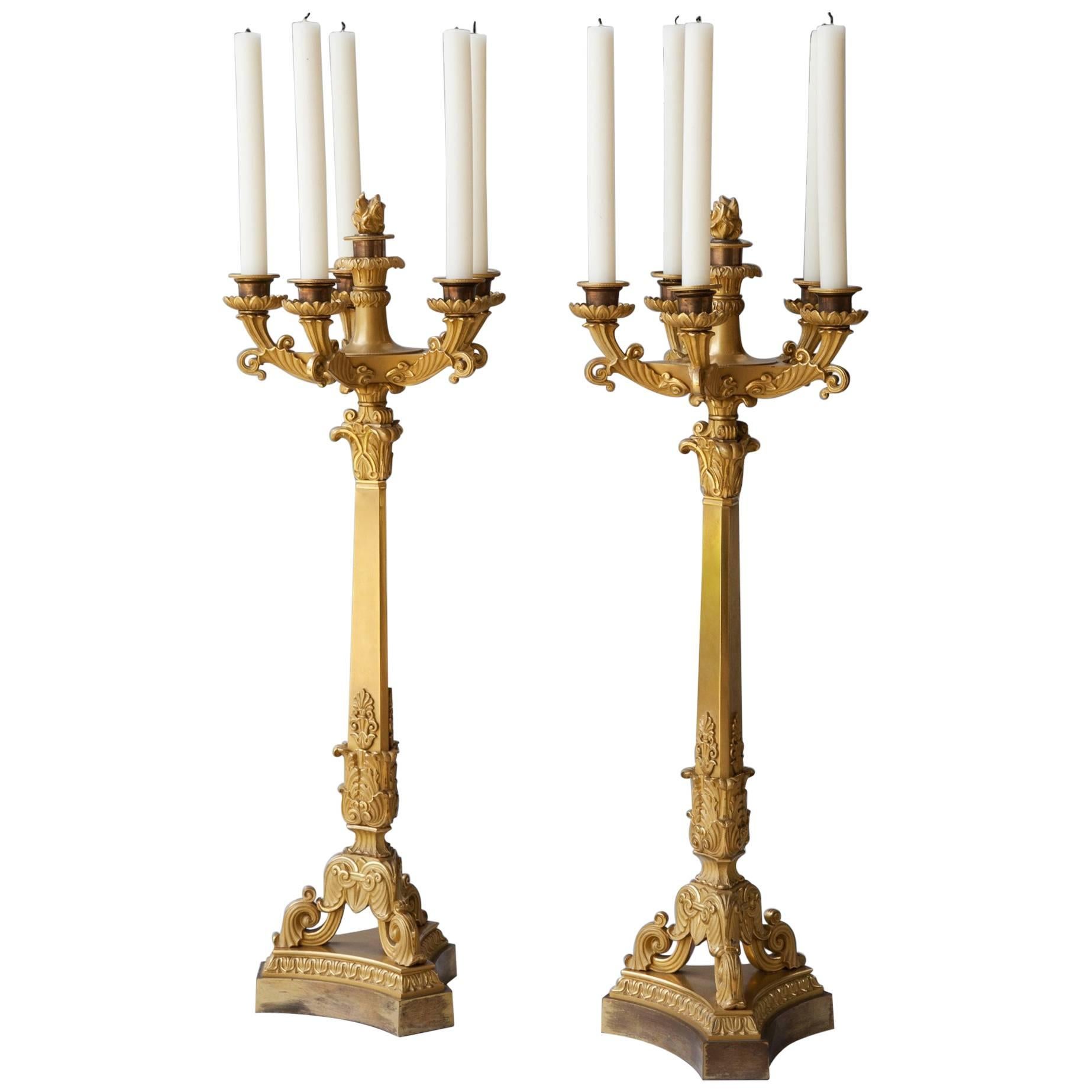 Important Pair of Early 19th Century Six-Light Ormolu Restauration Candelabra For Sale
