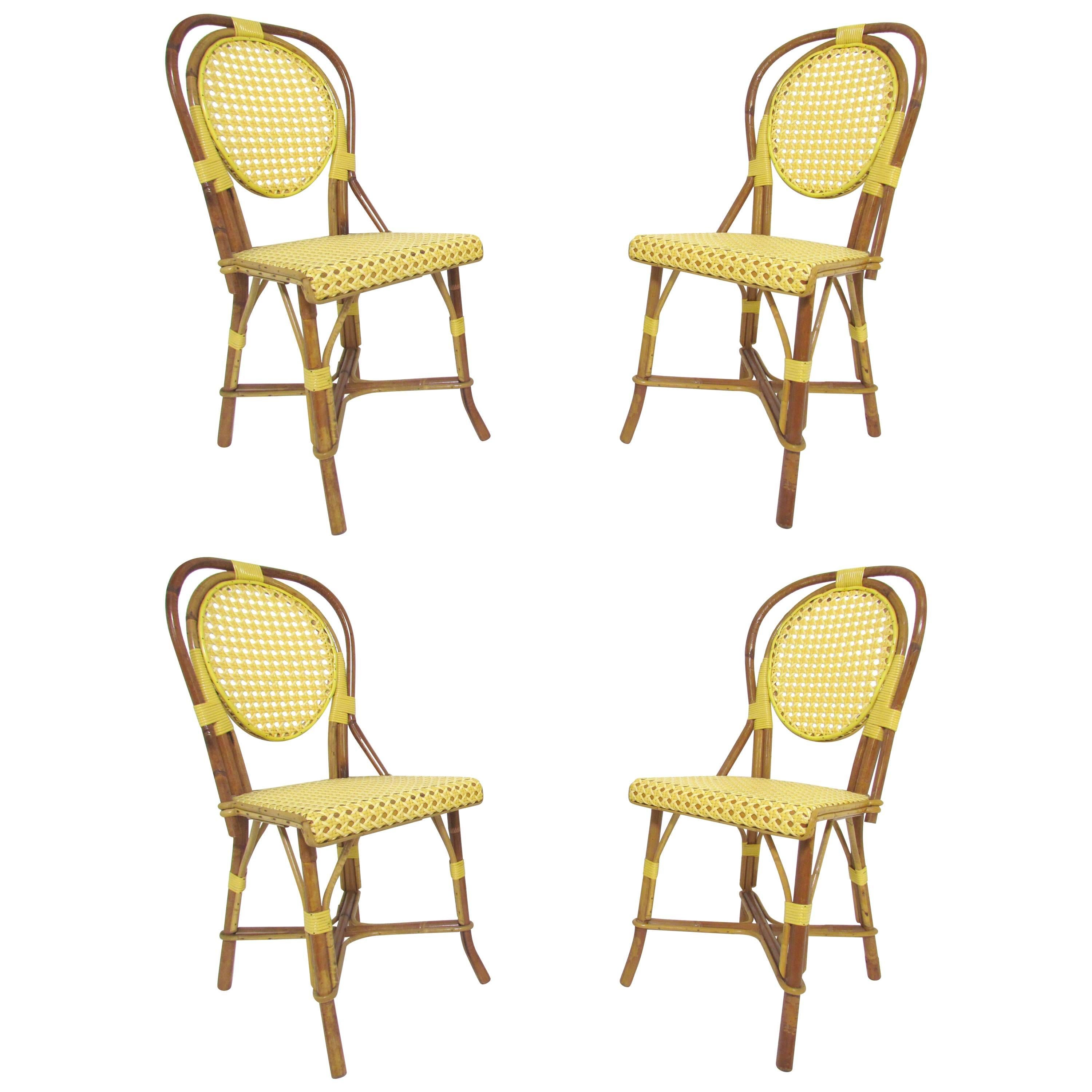 Set of Four Vintage J. Gatti French Handmade Bistro Dining Chairs, Bamboo & Cane