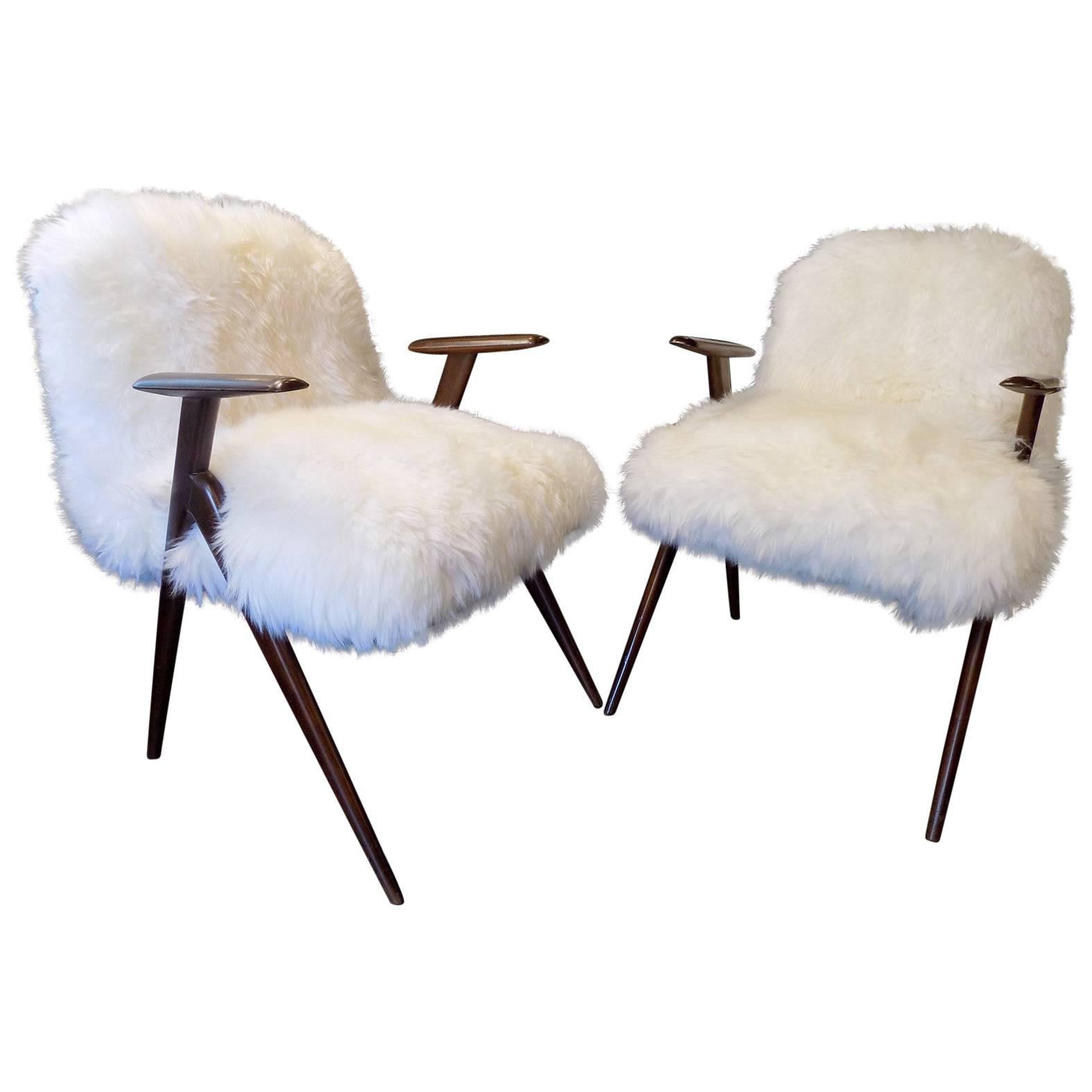 Beautiful Pair of 1960, Italian Sheep Reupholstered Armchairs