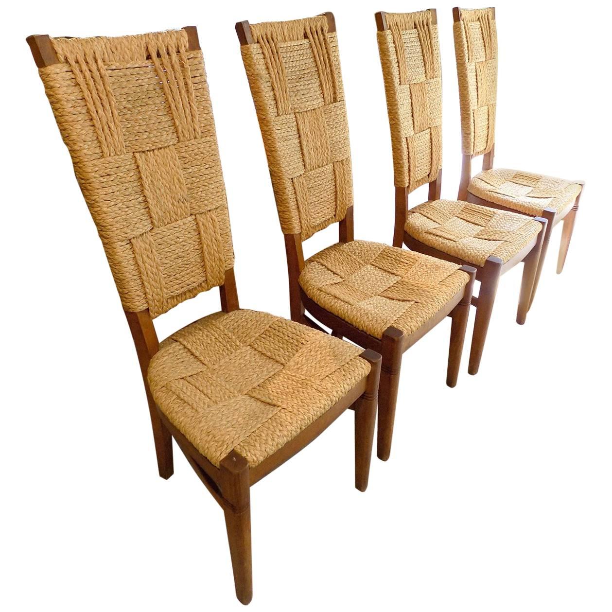 Beautiful Set of Audoux Minet Four French Rope and Wood Chairs, circa 1960