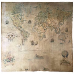 1920-1930 Monumental World Map Hand Painted Oil on Canvas