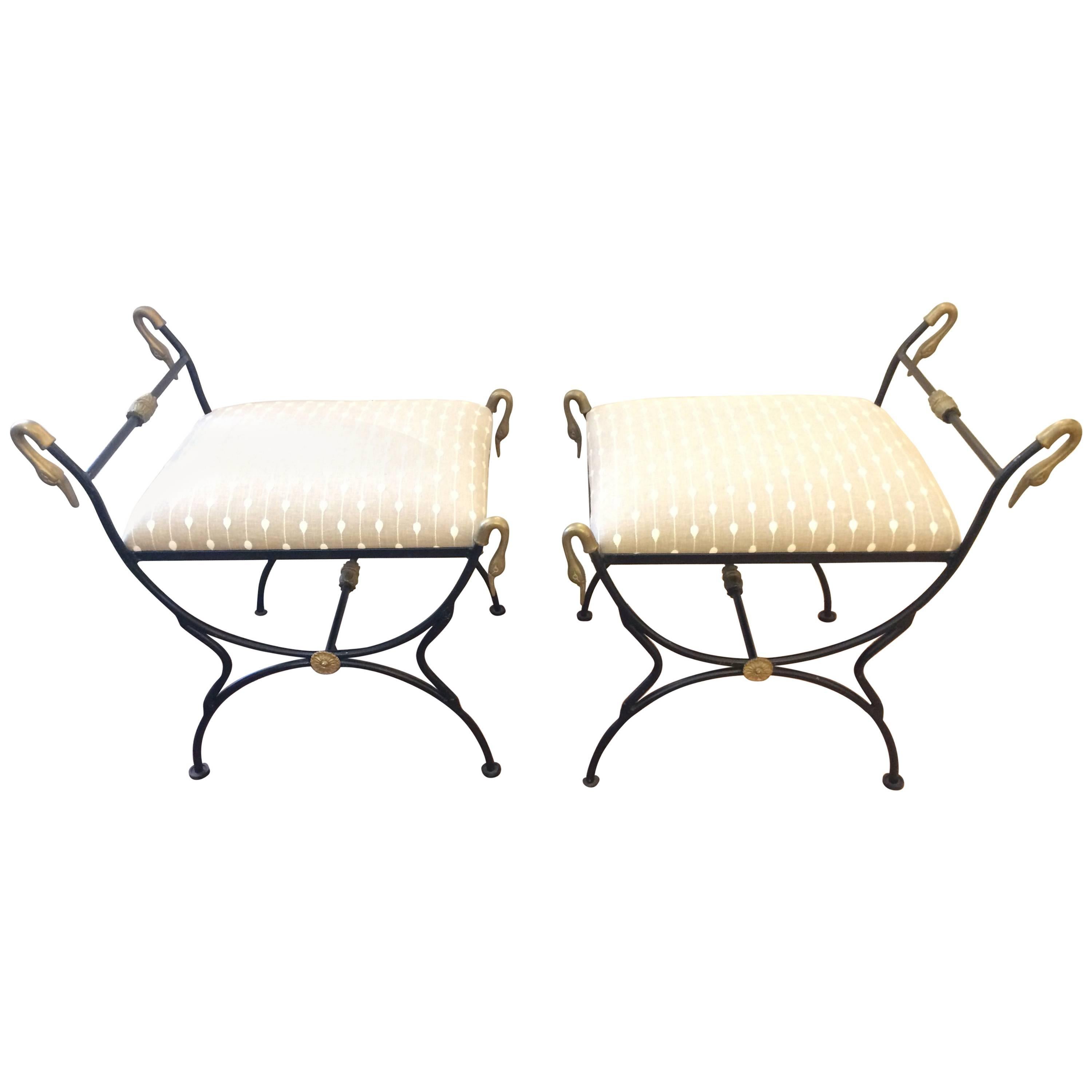 Pair of Iron and Brass Swan Motife Bench Ottomans