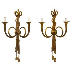 Large 19th Century French Louis XVI Style Bronze Hunting Horn Wall Sconces, Pair