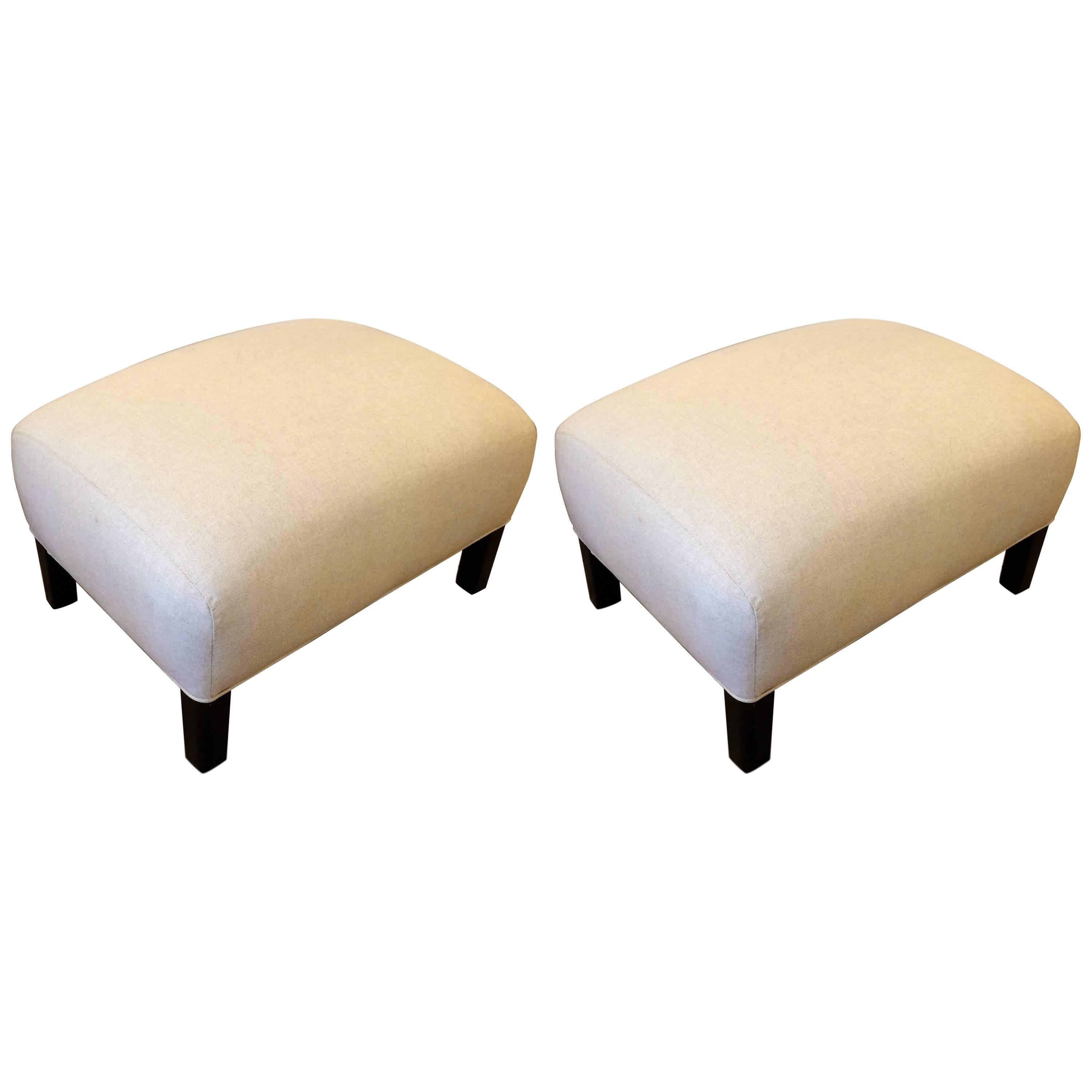 Pair of Traditional Linen Upholstered Ottomans