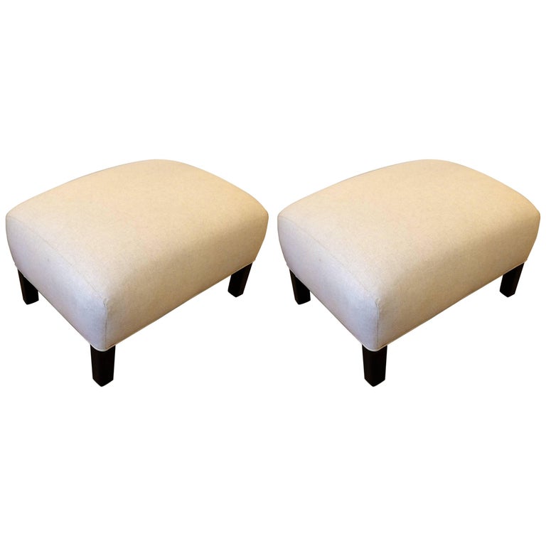 Pair of Traditional Linen Upholstered Ottomans For Sale at 1stDibs