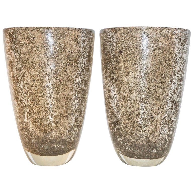 Alberto Dona Italian Pair of Bronze Color Murano Glass Vases with Red