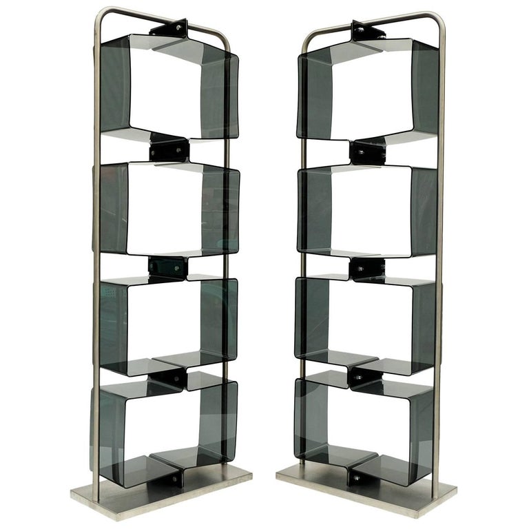 Pair Of 1970s Perspex Lucite And Brushed Steel Shelving Units Pair Of 1970s Perspex Lucite And Brushed Steel Shelving Units Étagères For