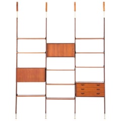 Italian Teak and Brass Floor to Ceiling Wall Unit -Bookshelf, 1950s 