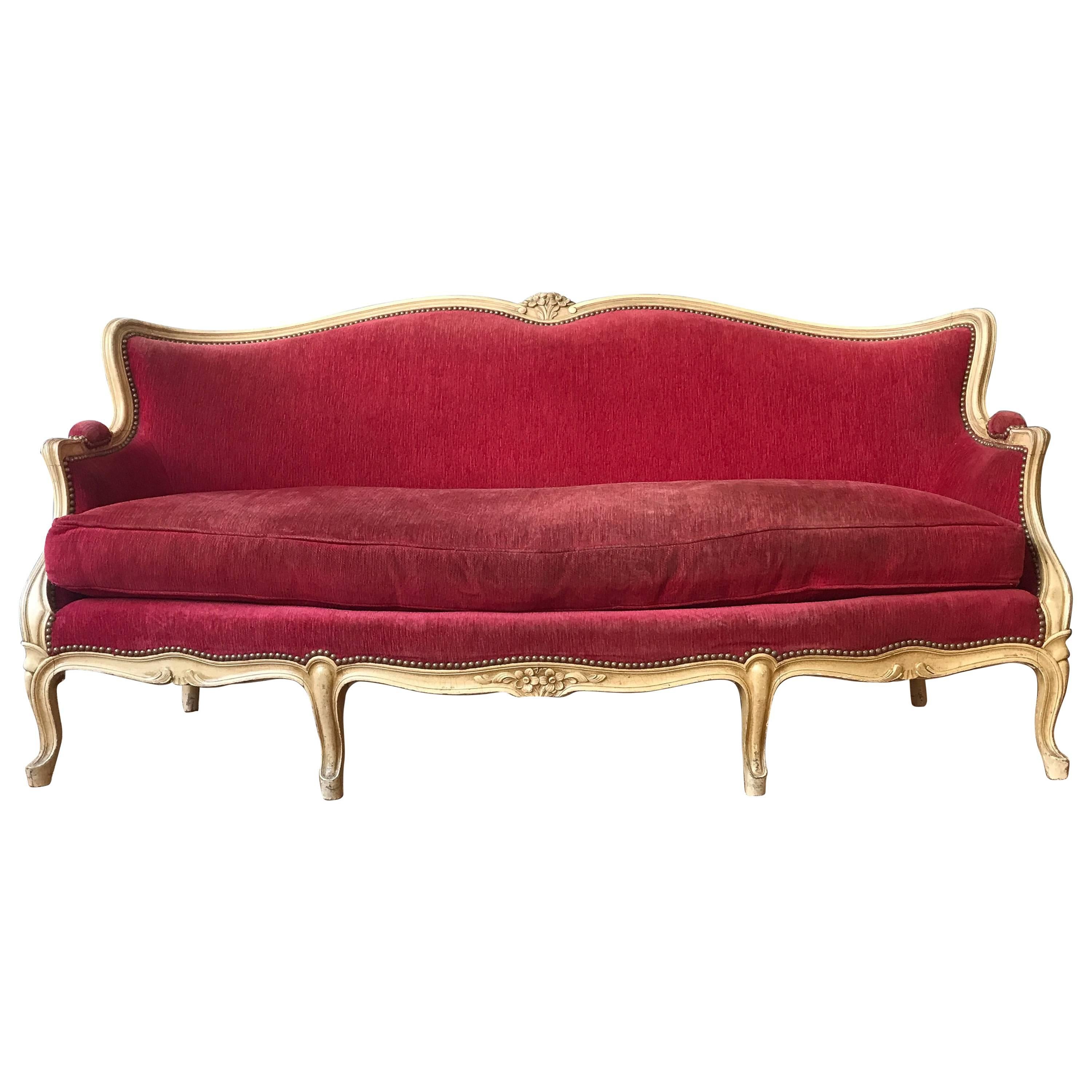 French Louis XV Style Settee in Red Velvet