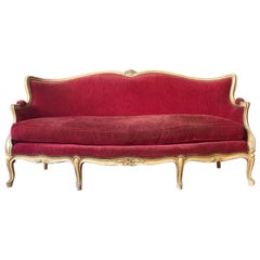 Antique French Louis XV Style Settee in Red Velvet