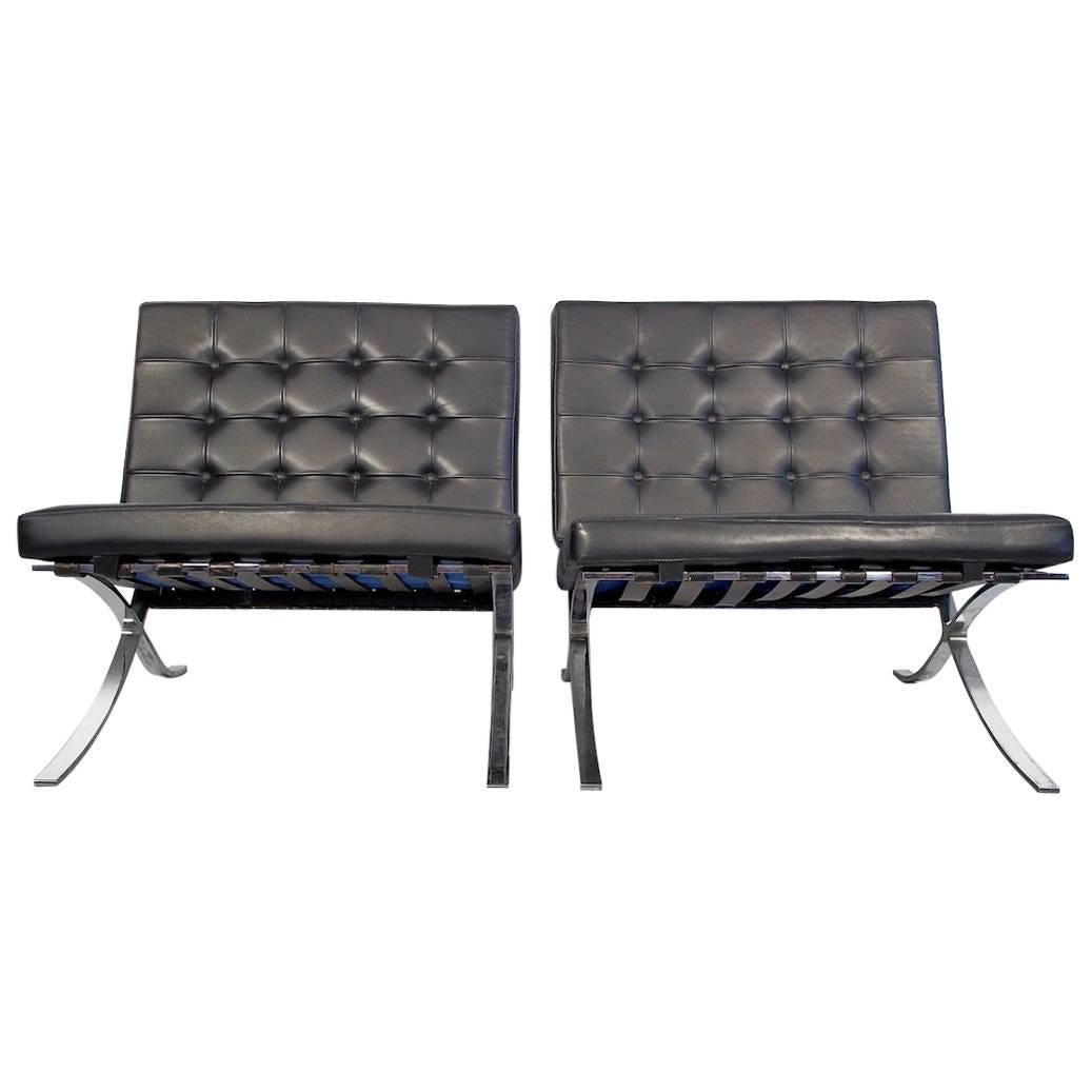 Pair of Barcelona Black Leather Lounge Chairs by Ludwig Mies van der Rohe
