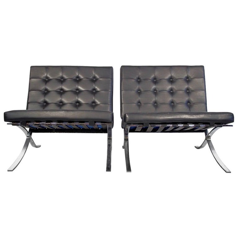 Pair of Barcelona Black Leather Lounge Chairs by Mies Van Der Rohe For