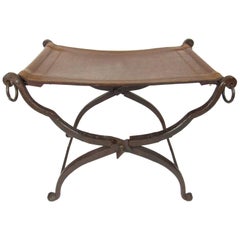 Antique Continental Leather and Wrought Iron Folding Campaign Stool