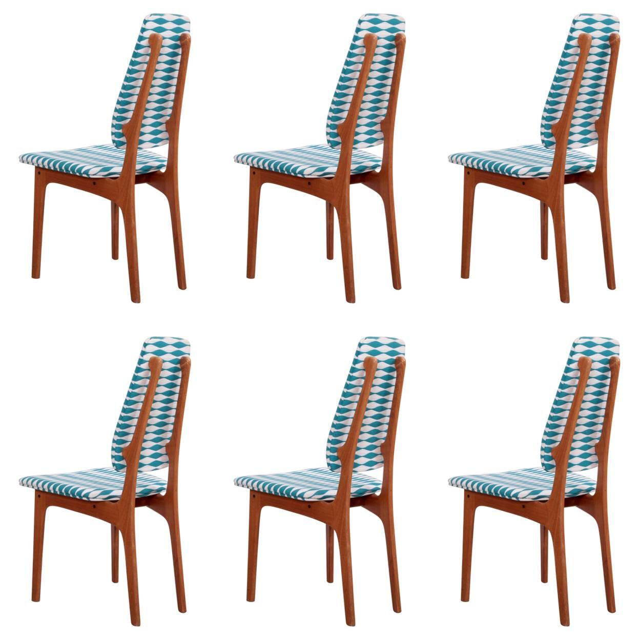 Set of Six Teak Erik Buch High Back Dining Chairs with Jonathan Adler Fabric