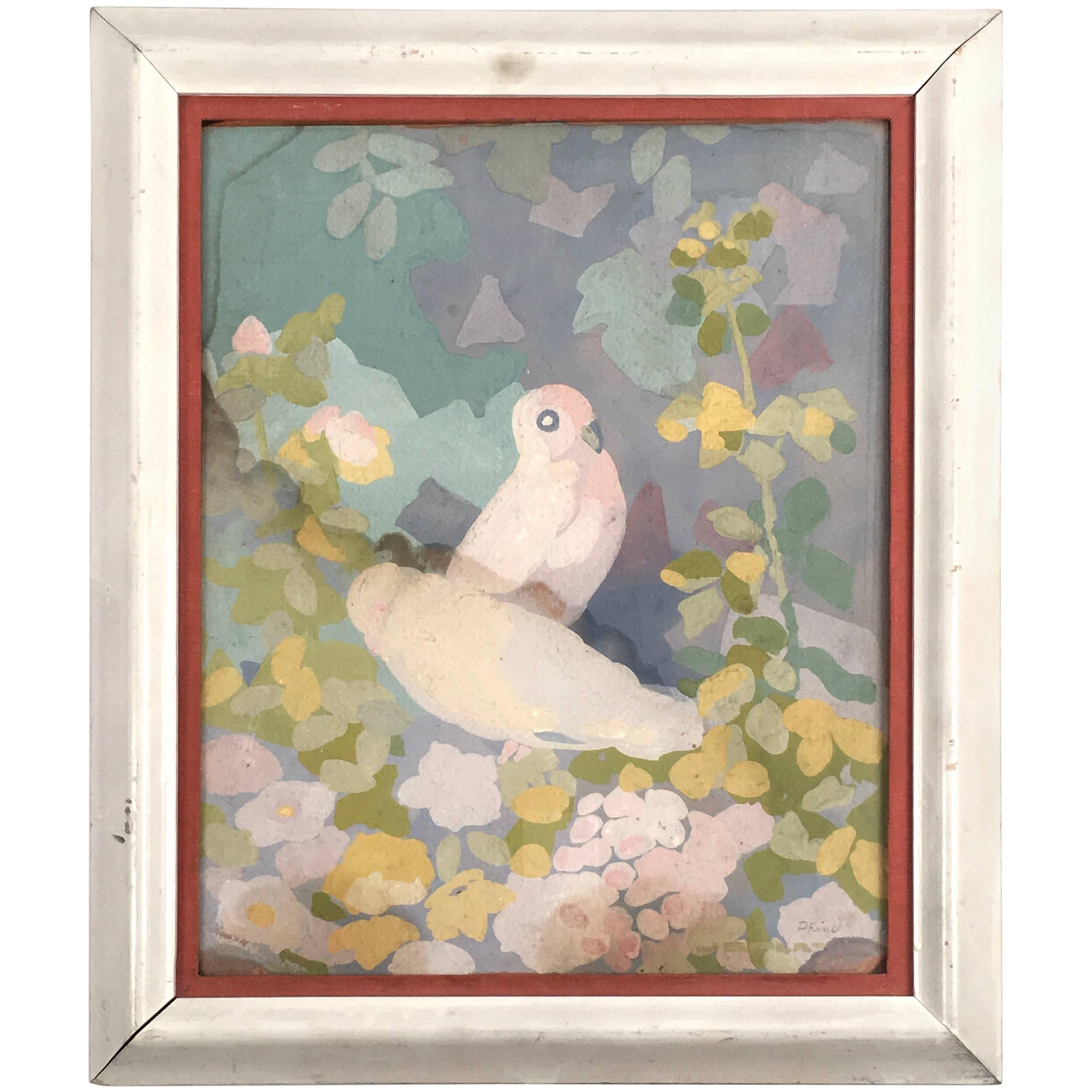 Art Deco Gouache Painting of Doves in a Floral Landscape