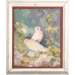 Art Deco Gouache Painting of Doves in a Floral Landscape 7