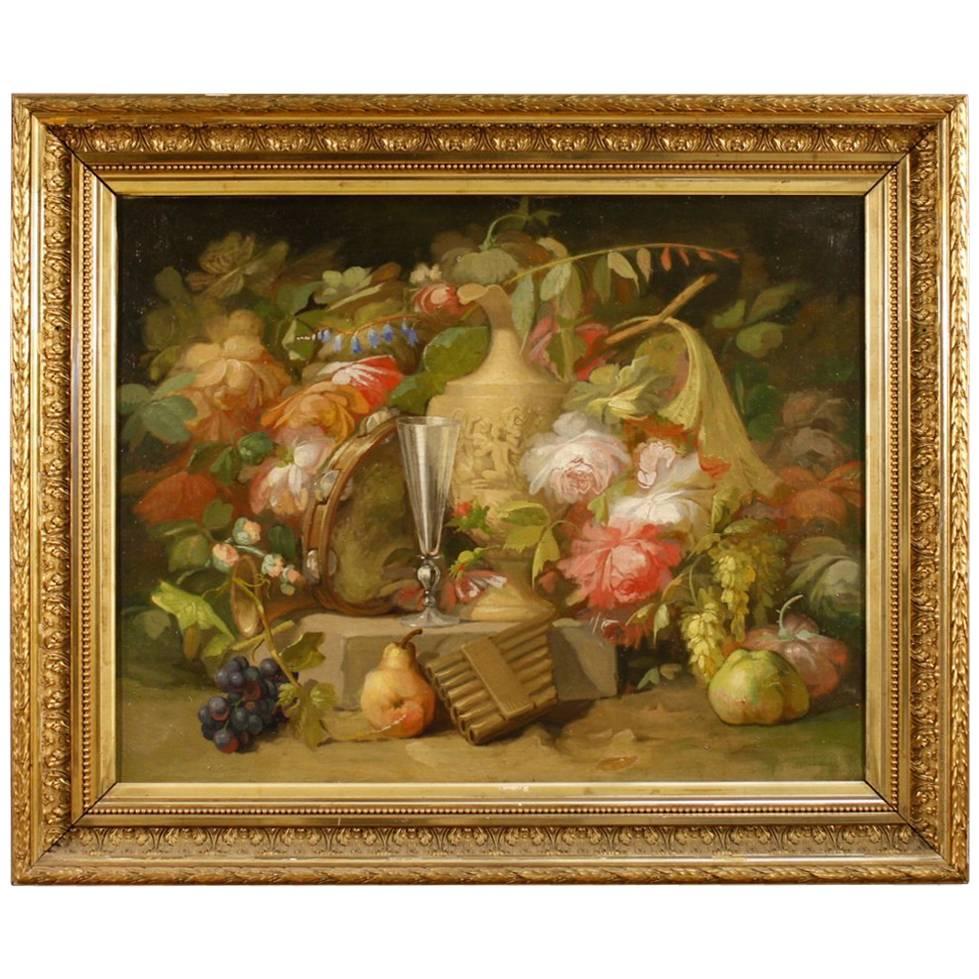 19th Century French Still Life Painting Oil on Canvas with Golden Frame