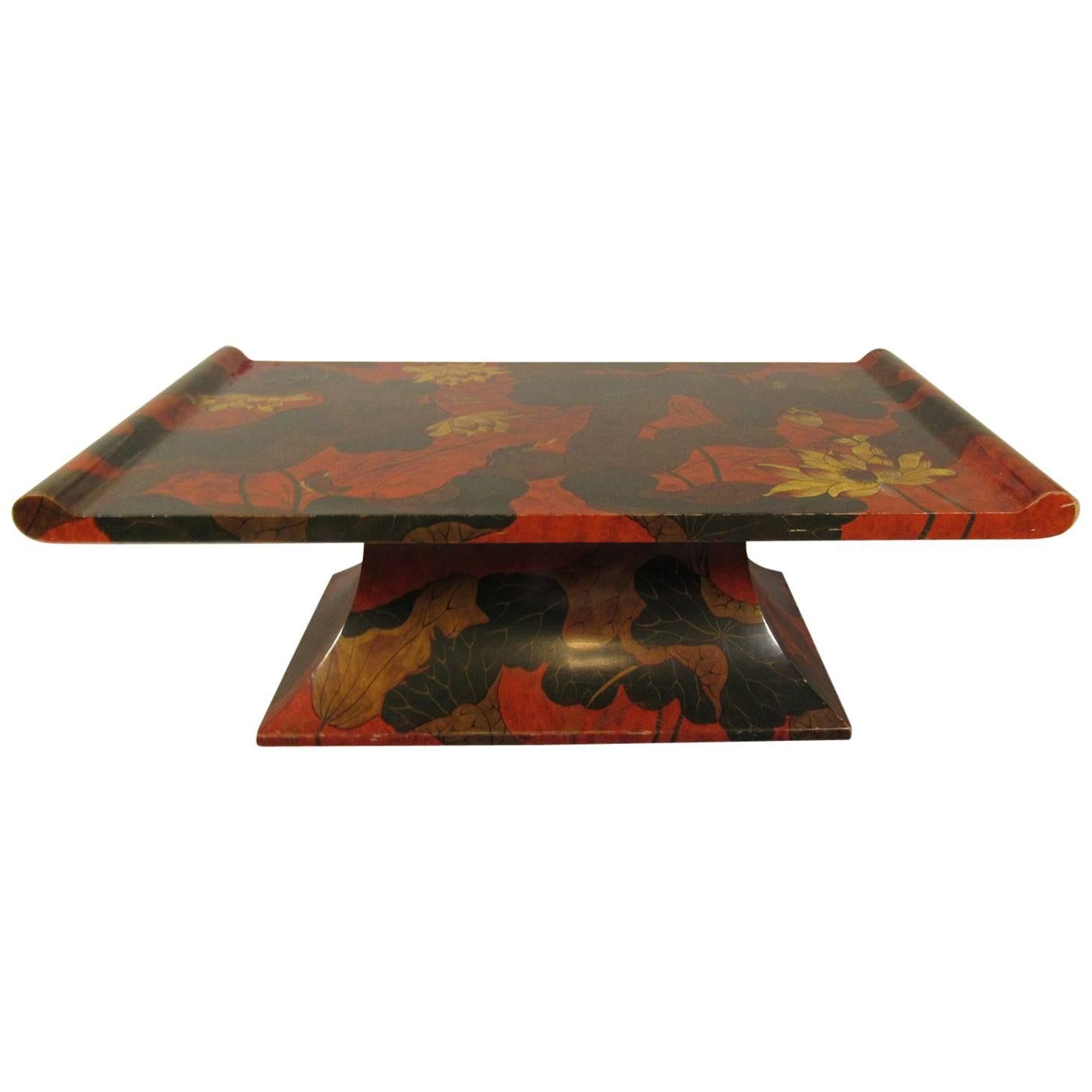 Asian Red Lacquer Low Table Decorated with Flora and Fauna For Sale