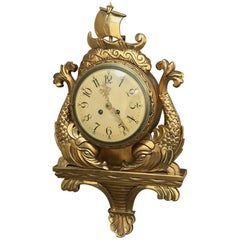 Antique Swedish Nautical Giltwood Hand-CarvedWall Clock Cartel