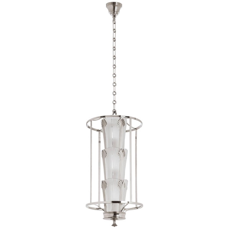 Lalique Ginkgo  Lantern Crystal and Brushed Nickel Ceiling Lamp For Sale