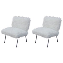 Pair of Modern Knoll Lounge Chair with a Grey Lacquered Frame in White Faux Fur