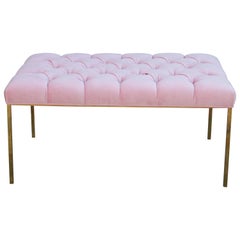 Modern Rectangular Bench with a Brass Frame in Tufted Light Pink Velvet