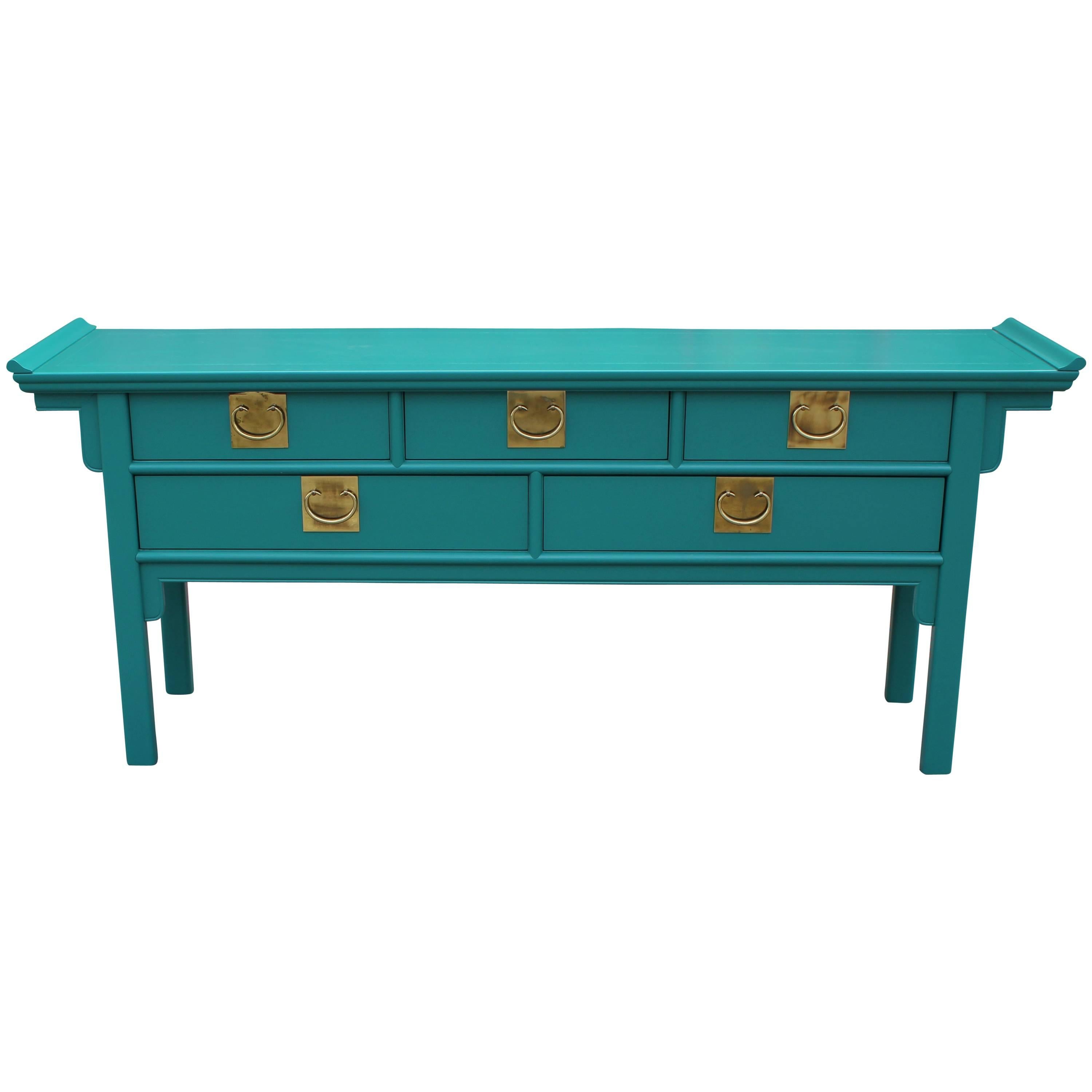 Modern Century Furniture Teal  Five Drawer Dresser Or Console Table Brass Handle