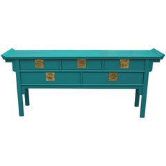 Modern Century Furniture Teal  Five Drawer Dresser Or Console Table Brass Handle