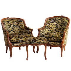 Used Pair of French Bergere Armchairs Louis XV Style with Foot Stool Ottoman c1920