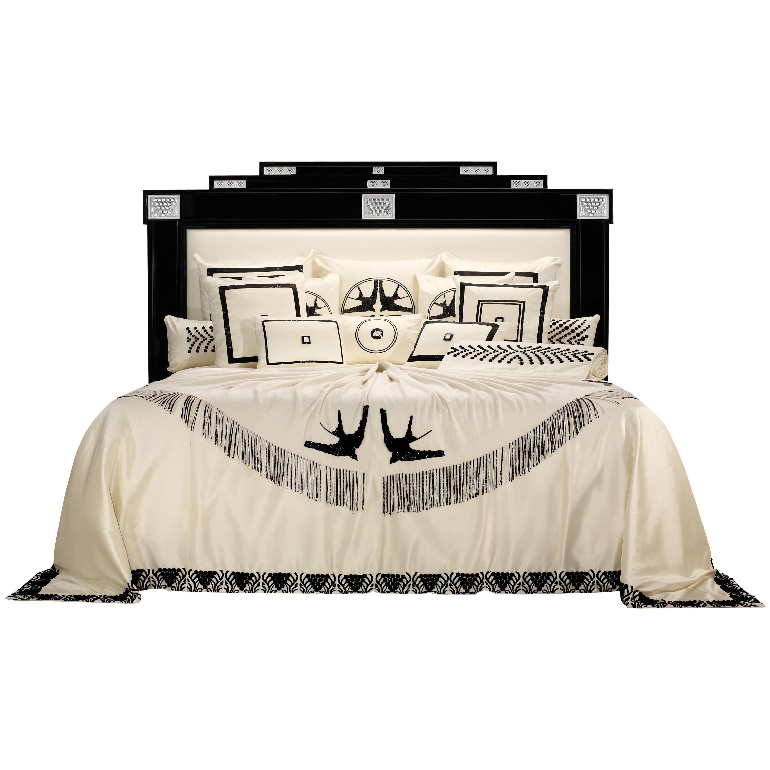 Lalique Maison Black Laquer Bed Frame with Masque De Femme Crystal Panel Accents