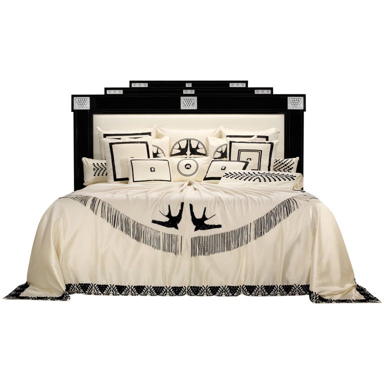 Lalique Maison Black Laquer Bed Frame with Masque De Femme Crystal Panel Accents For Sale