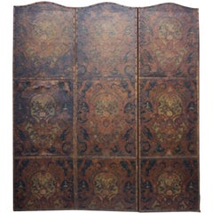 18th Century Three Panel Polychrome Cordovan Leather Screen