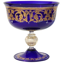 Compote de centre de table en verre de Murano bleu cobalt de Salviati