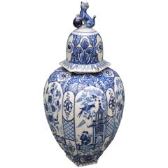 19th Century Ribbed Blue and White Delft Baluster Vase with Lid