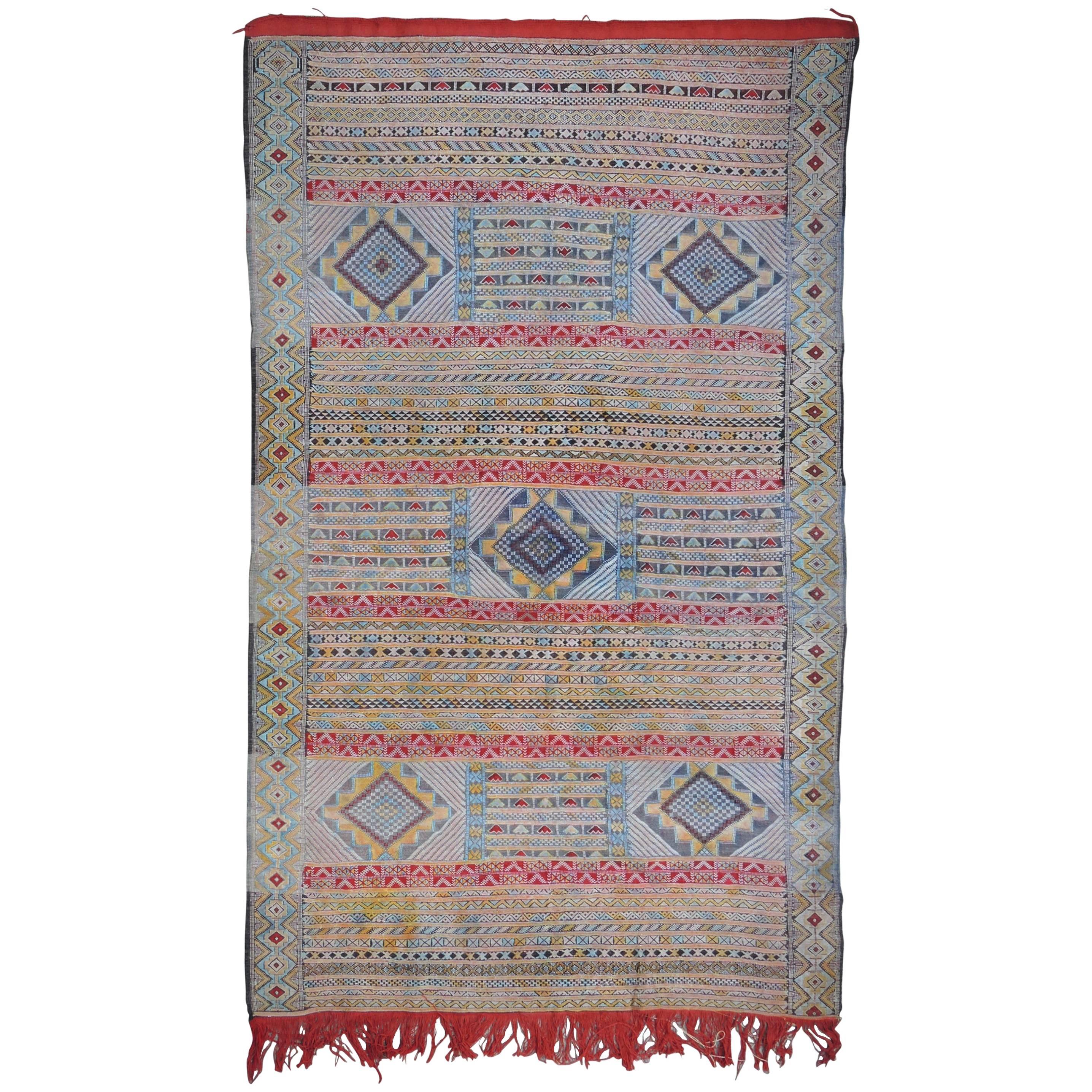 Vintage Moroccan Silk and Wool Flat-Weave Kilim Carpet
