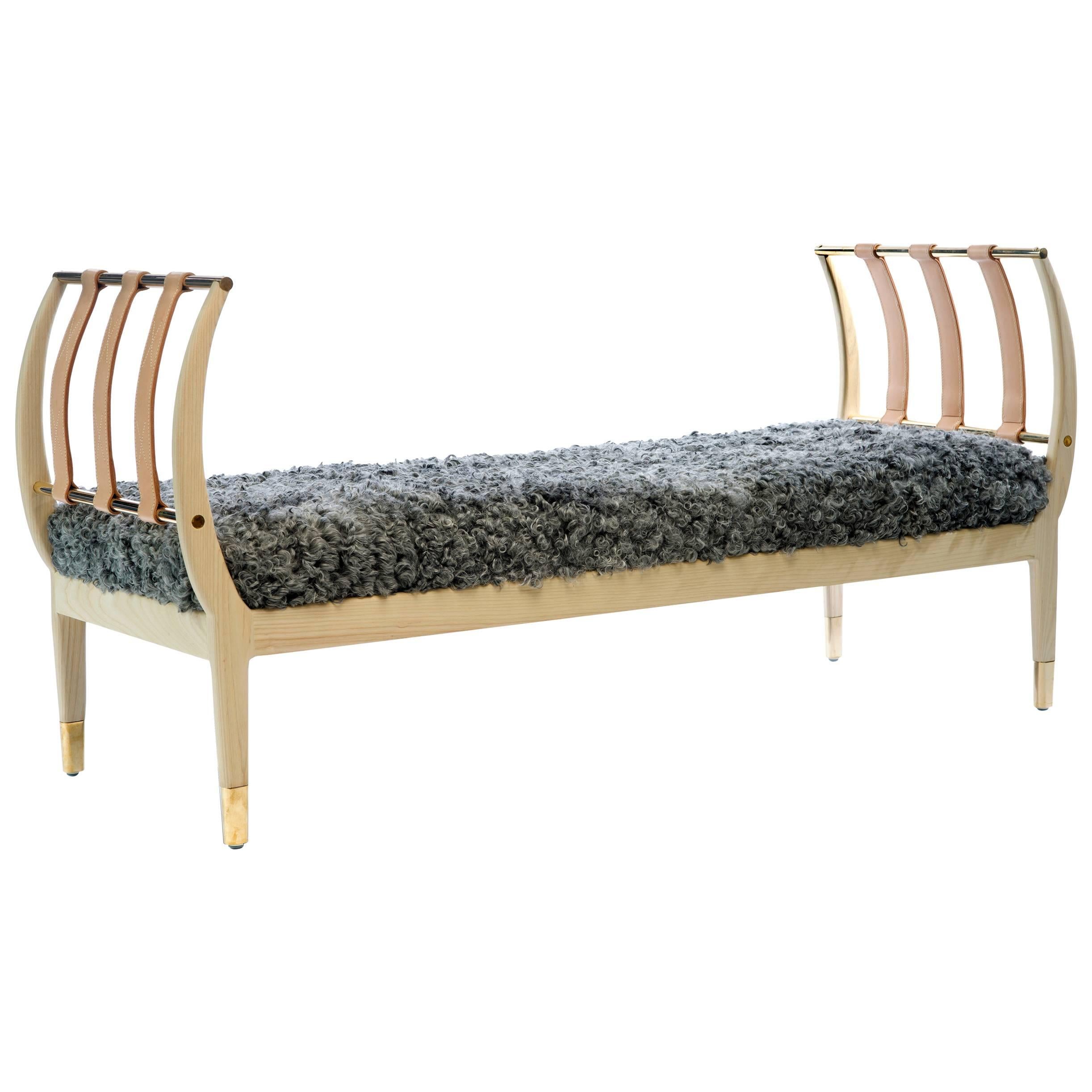 Konekt Rib Bench with Wood, Leather, Polished Brass and COM For Sale