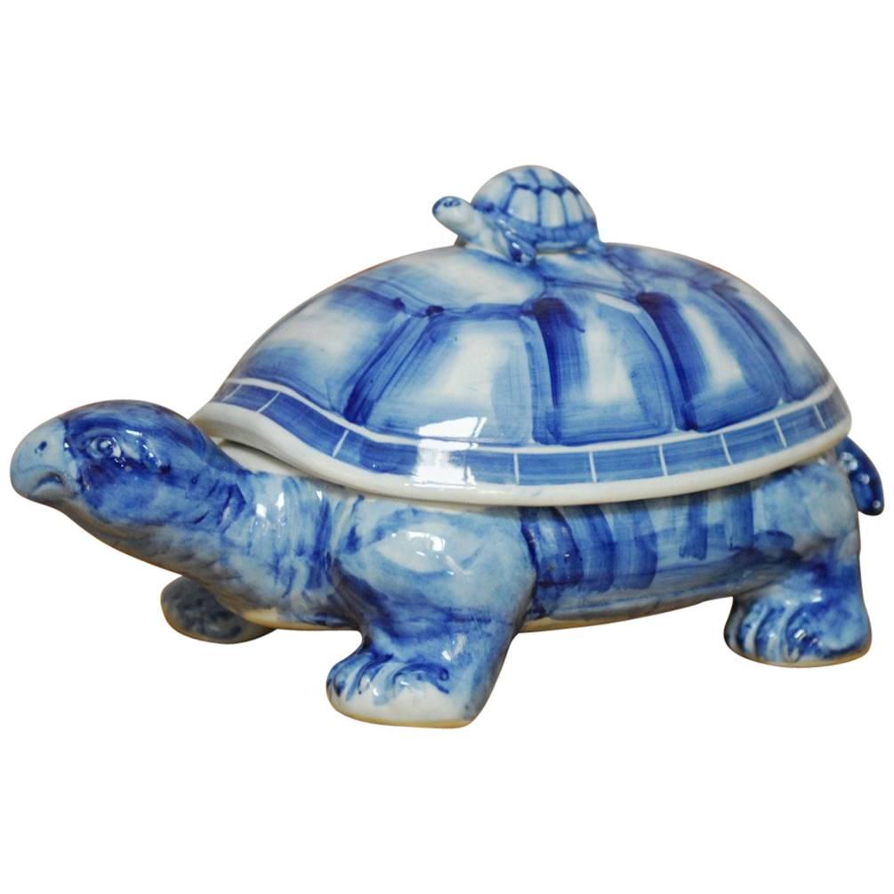 Blue and White Porcelain Turtle Trinket Box