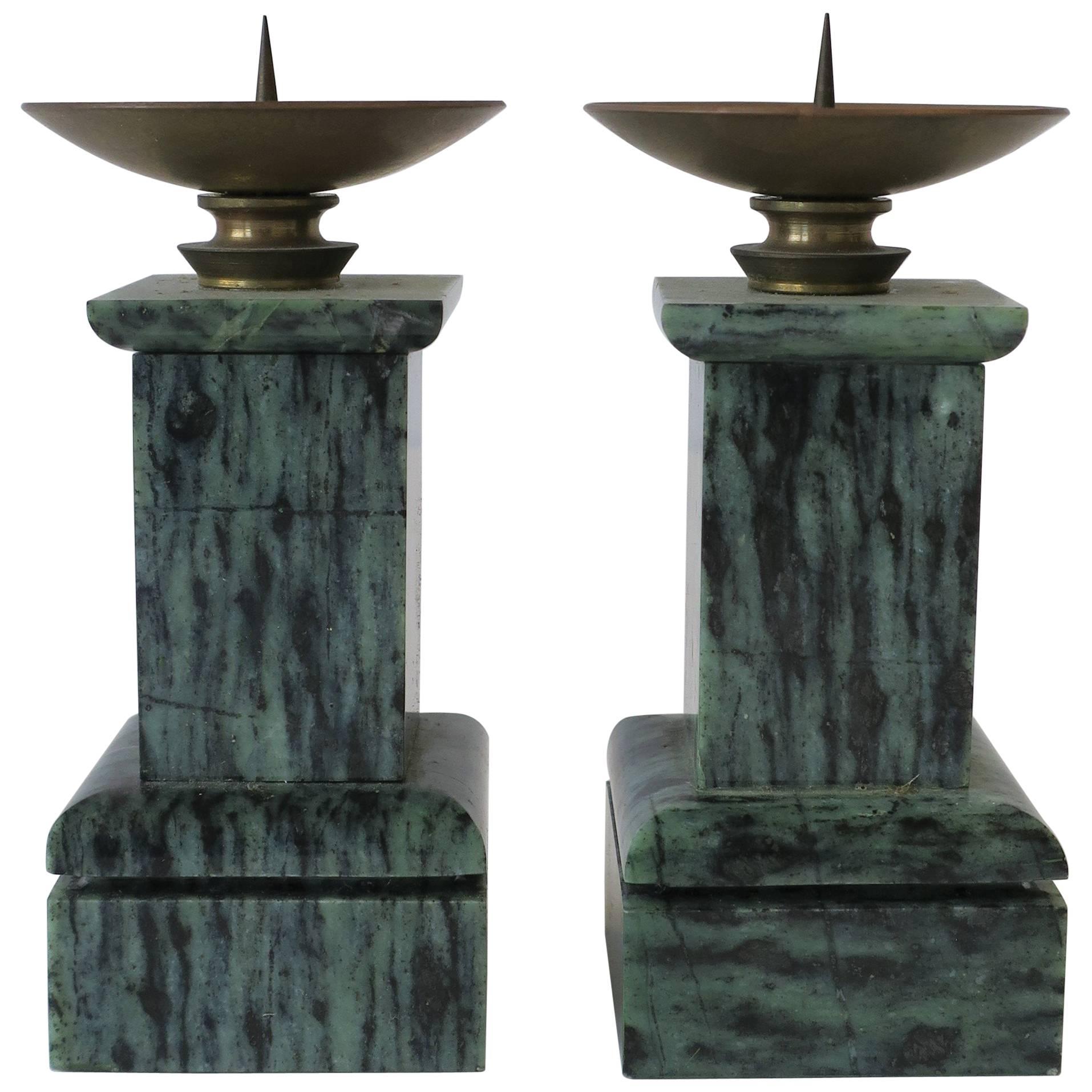 Neoclassical Column Dark Green Marble and Brass Candlesticks Holders, Pair