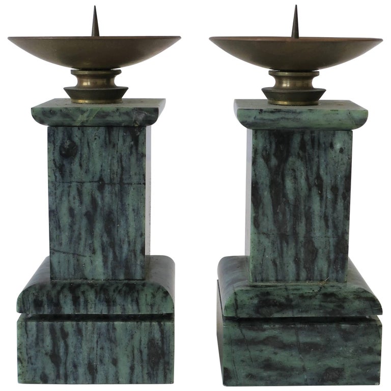 Neoclassical Dark Green Marble and Brass Column Candlestick Holders, Pair For Sale at 1stDibs