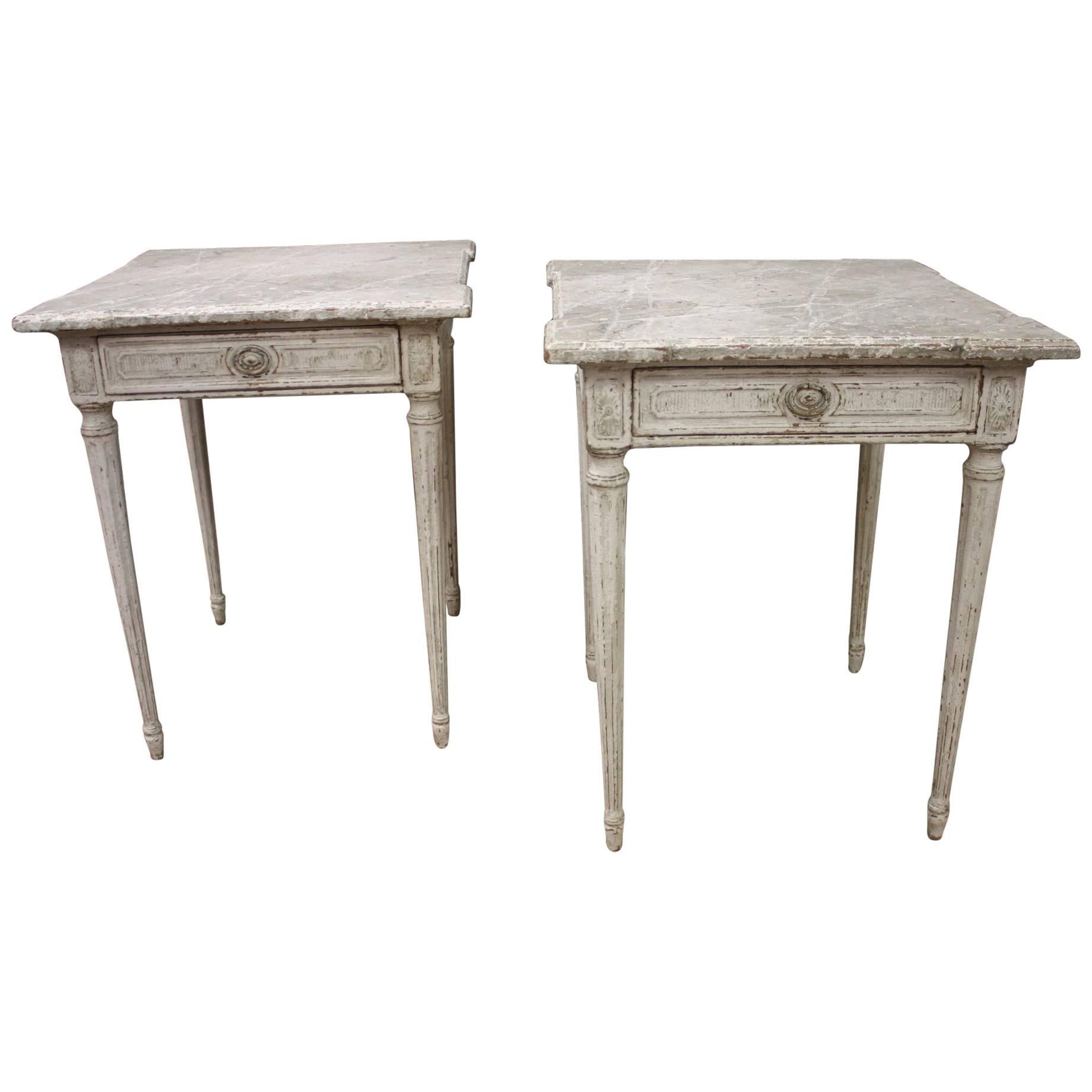 Two 19th Century French Louis XVI Carved Painted Side Table with Faux Marble Top