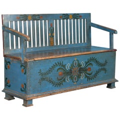 Antique Small Country Folk Art Blue Painted Storage Bench