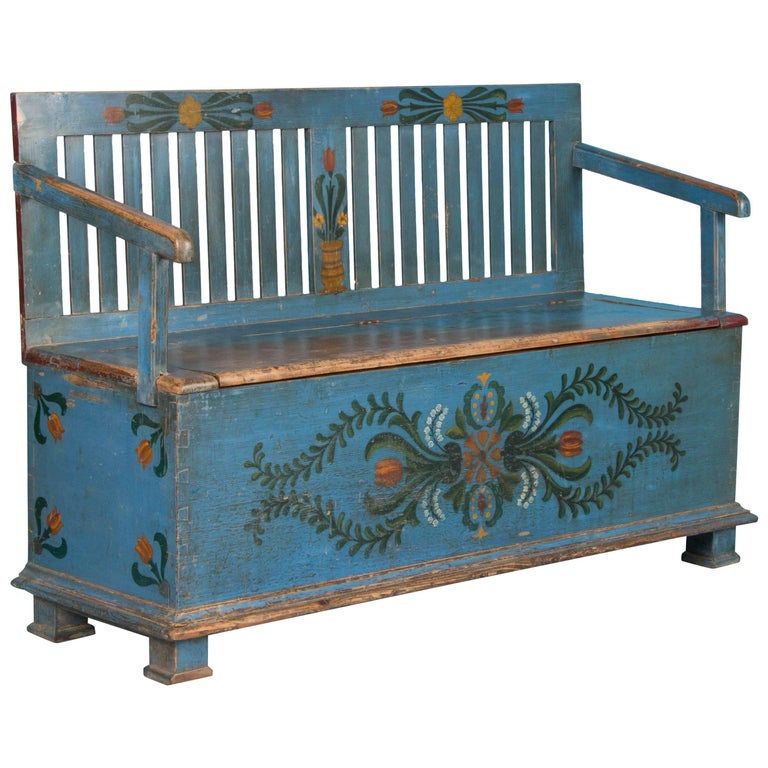 Small Country Folk Art Blue Painted Storage Bench at 1stDibs