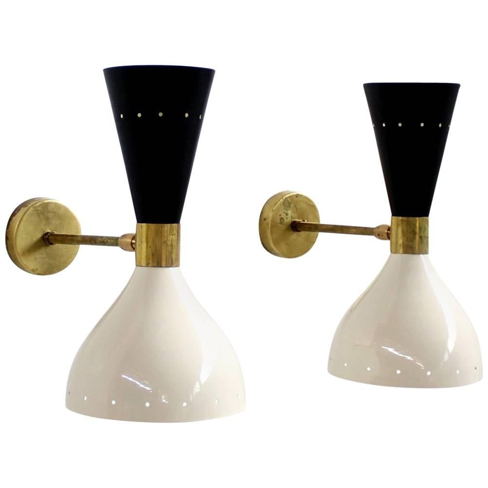 Pair of Beautiful Adjustable Large Italian Sconces Brass Stilnovo Style Bi-Color