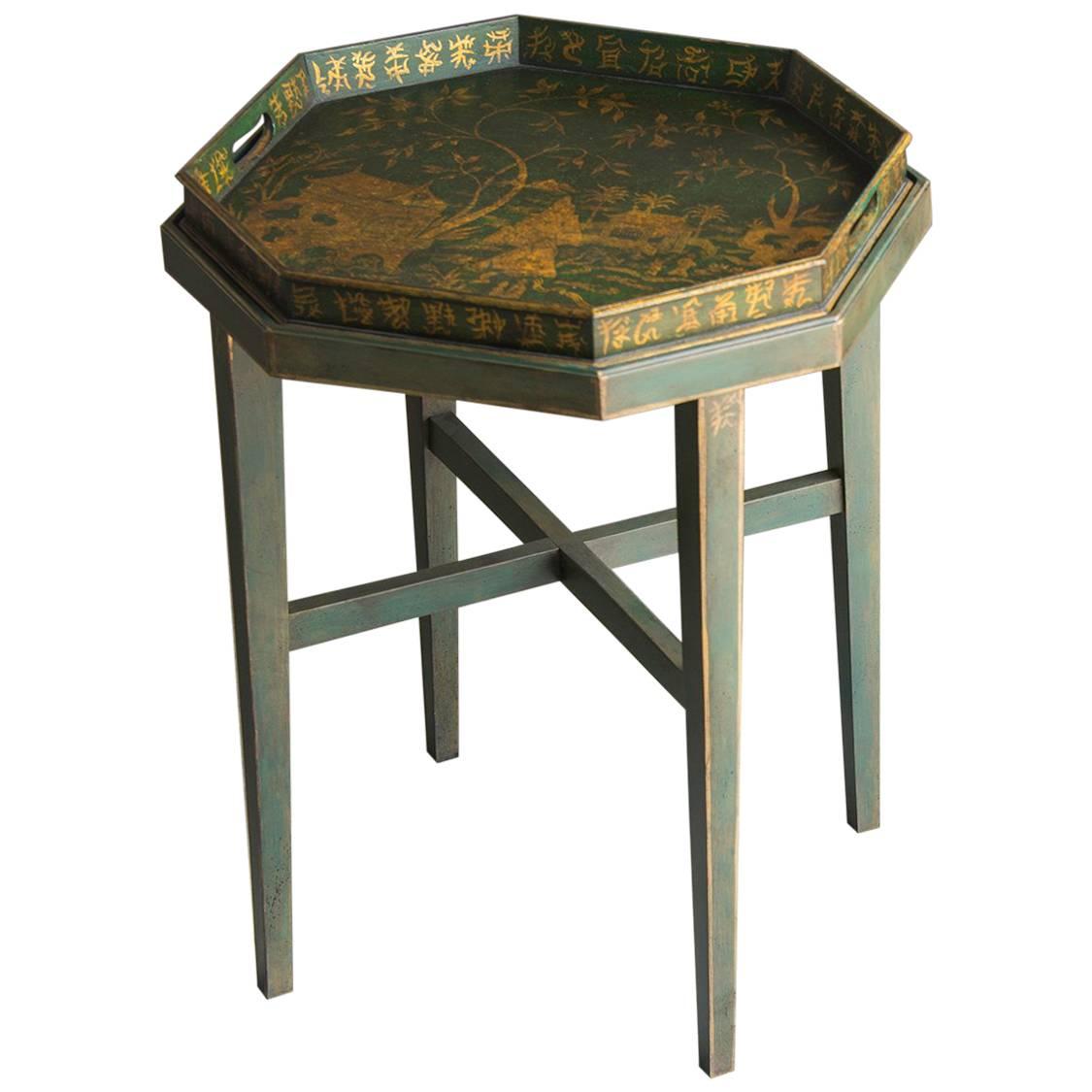 Antique English Chinoiserie Painted, Gilded Octagonal Tray Coffee Table