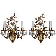 Wonderful Vintage Pair of Etched Rock Floral Filigree Crystal Sconces